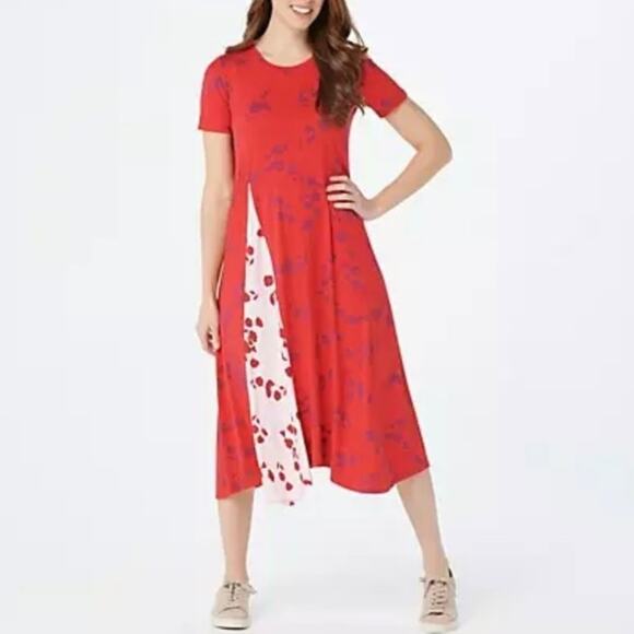 LOGO by Lori Goldstein‎ Cherry Red Floral Short Sleeve Midi Dress White Godet L - Picture 1 of 8